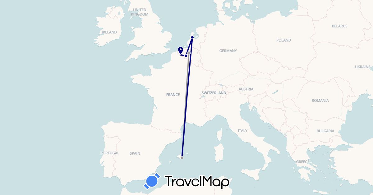 TravelMap itinerary: driving, plane in Belgium, Spain, France, Netherlands (Europe)